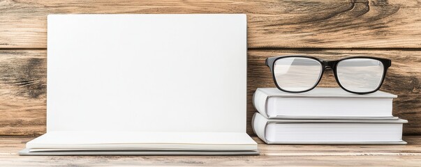 A minimalist workspace featuring a blank notebook, glasses, and stacked books on a rustic wooden surface.