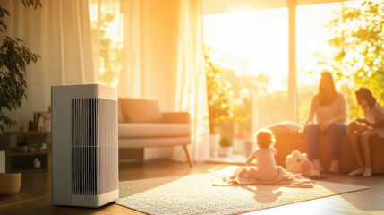 Aufkleber - modern air purifier in sunlit living room with family enjoying quality time in background, creating cozy and healthy atmosphere