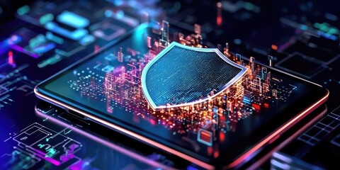 Aufkleber - Mobile security concepts depicted with a shield overlay on a tablet displaying sensitive data, highlighting app protection, neutral background