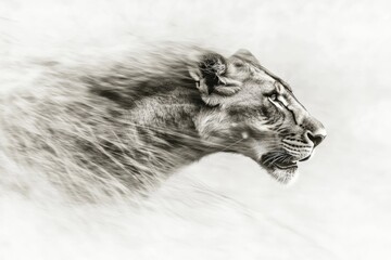 Wall Mural - A majestic lioness in profile, her mane flowing, captured in a breathtaking monochrome image.