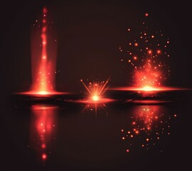 Aufkleber - Red glowing light effect with sparks and flashes on black background, vector illustration. This design element is suitable for carnivals or other festive events, with reflection on the water surface.