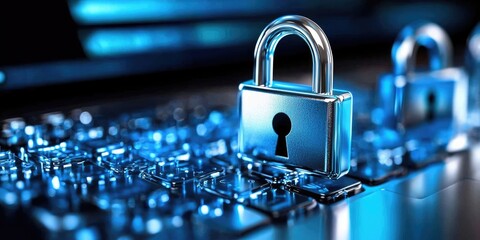 Aufkleber - Data encryption in a modern remote work environment, showcasing a laptop with a locked padlock on the screen, emphasizing secure access and organizational safety