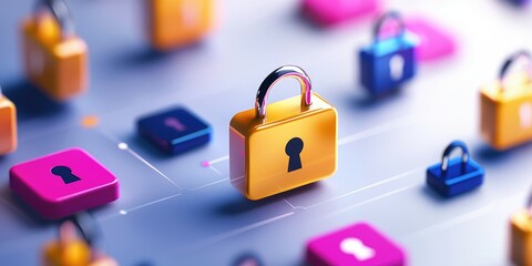 Aufkleber - A professional team collaborating remotely, each using encrypted devices, with a visual metaphor of digital locks, highlighting secure access and data protection
