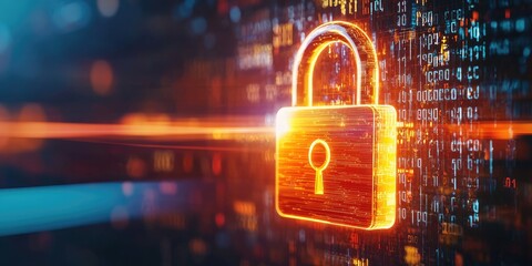 Leinwandbilder - Data encryption visualized with a locked digital padlock overlaying binary code, representing corporate security against data leaks, neutral background
