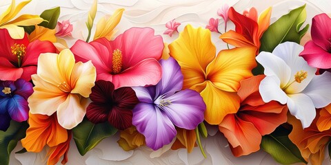 Fototapete - Line connection of stunning flowers in vibrant colors against a neutral background, showcasing delicate petals intertwined, evoking a sense of harmony and beauty