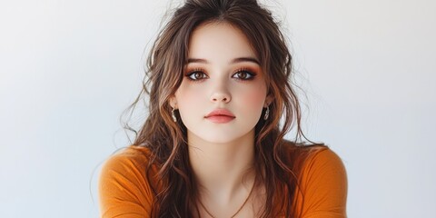 Fototapete - line connection + captivating portrait of a young woman with expressive eyes, neutral background, soft lighting, delicate jewelry accents