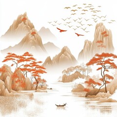 Wall Mural - Serene Chinese Mountain Landscape with Silhouette and Birds Flying