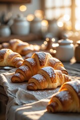 Poster - Freshly baked croissants dusted with powdered sugar on a rustic table in a cozy kitchen during golden hour