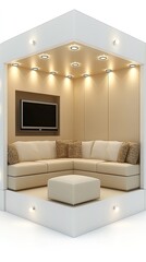 Wall Mural - High-resolution 3D rendering of a stylish living room with a sofa and television, set in a cube with bright lighting and vivid details