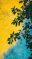 Wall Mural - Green leaves against yellow and blue wall; tropical background; design texture