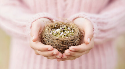 Delicate balance close up of hands cradling bird nest with small flowers