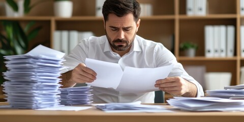 Fototapete - businessman reviewing investment analysis documents with financial data spread on a desk, neutral background