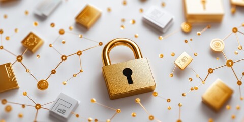 Aufkleber - Visual representation of data encryption with a padlock, scattered encrypted files, user authentication keys, and data integrity indicators, set against a minimalist neut