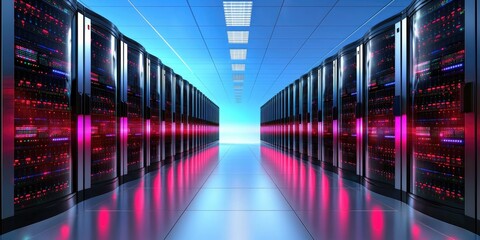 Aufkleber - a secure server room with illuminated data encryption systems and network safety elements, emphasizing reliable data protection, with minimalistic surroundings