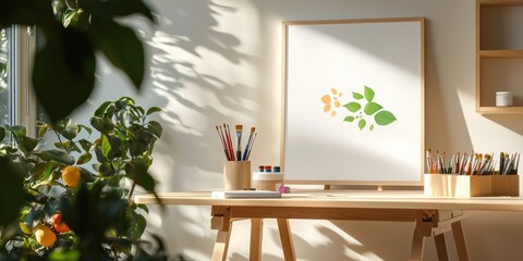 Fototapete - Cozy workspace featuring a creative line connection through artistic tools and bright natural light, neutral background