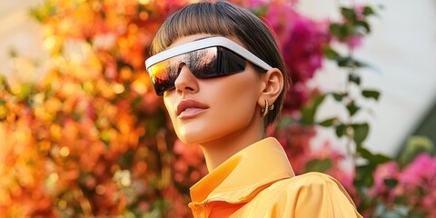Fototapete - Future fashion trends blending high-tech wearables with classic styles, captured on a clean backdrop, featuring a model demonstrating augmented reality accessories and st