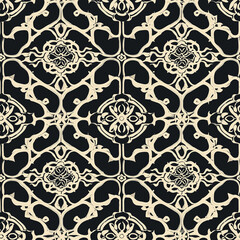 Wall Mural - Intricate vintage pattern in cream on a black background, ideal for textiles or wall decor.