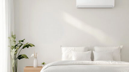 Aufkleber - cozy bedroom with white bedding, wooden nightstand, and reverse cycle air conditioner on wall, compl