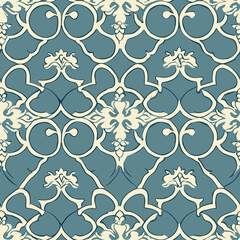 Wall Mural - Elegant vintage wallpaper pattern with intricate curves and a blue backdrop.