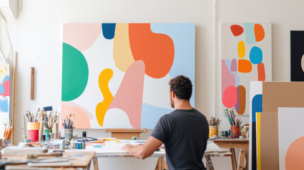 Poster - artist works in bright studio surrounded by colorful abstract paintings and art supplies, creating vibrant and inspiring atmosphere