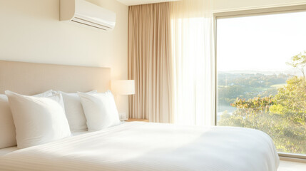 Aufkleber - bright and cozy bedroom with large bed, white linens, reverse cycle air conditioner, and scenic view through glass window
