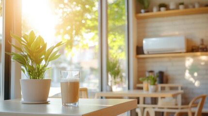 Aufkleber - cozy cafe interior with sunlight streaming through large windows, highlighting potted plant and glass of coffee on wooden table