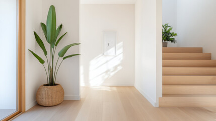 Poster - minimalist interior with wooden stairs, woven basket planter, and natural light creating serene atmosphere