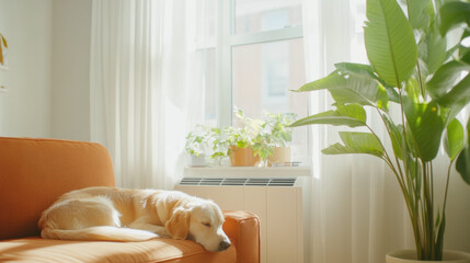 Poster - cozy living room with golden retriever resting on orange sofa, surrounded by natural light, indoor plants, and sheer white curtains