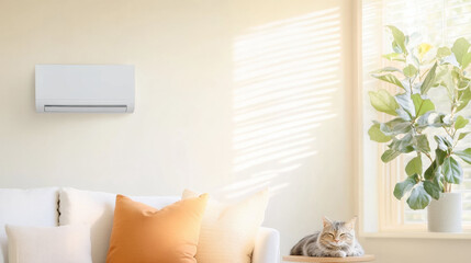 Aufkleber - cozy living room with reverse cycle air conditioner on wall, sleeping cat on side table, and sunlight streaming through window