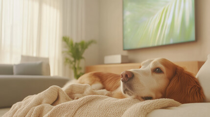 Aufkleber - relaxed dog lying on cozy blanket in modern living room with soft natural light and green plant in background
