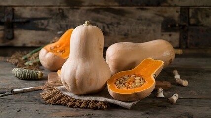 Butternut squash on a rustic wooden table.