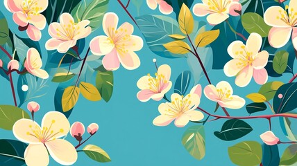 Leinwandbilder - A delicate vector background featuring lush plants and blooming flowers, creating a fresh and natural atmosphere.

