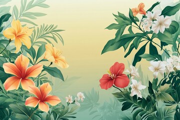 Leinwandbilder - A delicate vector background featuring lush plants and blooming flowers, creating a fresh and natural atmosphere.

