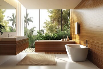 Leinwandbilder - Modern bathroom design featuring natural elements in a serene setting with large windows overlooking greenery