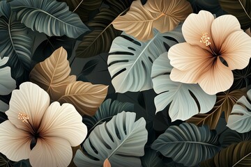 Leinwandbilder - A delicate vector background featuring lush plants and blooming flowers, creating a fresh and natural atmosphere.

