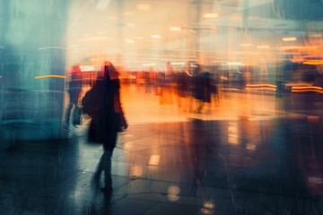 Wall Mural - Blur view with passengers walking in big airport terminal interior. Neural network ai generated