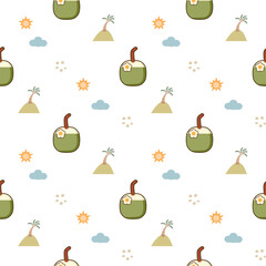 Wall Mural - Coconut drink cartoon so cute. On sun tree cloud white background. Pattern seamless vector illustration. 