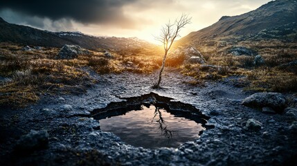 Aufkleber - Dynamic silent force fracturing perceptions in nature's landscape reflection of a lonely tree at sunset