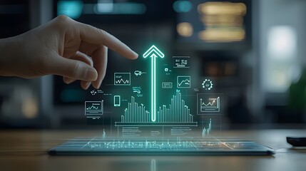 Poster - A luminous green arrow ascending sharply representing business expansion and rising market trends  A human finger gently touches its surface