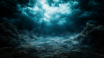 Fototapete - Mysterious depths of the ocean's abyss underwater digital art dark atmosphere wide angle whispers of thoughts