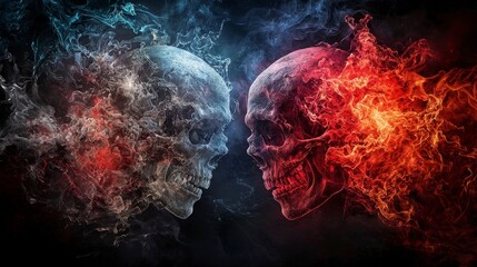 Fototapete - Conflict of shadows skulls in fiery dreamscape digital art surreal environment close-up agony concepts