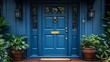 © pungaapond - Bright blue front door with a classic knocker and potted plants on each side creating a charming and welcoming atmosphere  Clean background with available copy space