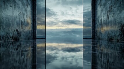Poster - Trembling reflections of diagonal lines in an empty space serene landscape abstract photography minimalist environment