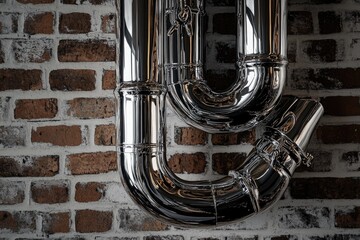 Polished chrome pipes form a U-shape against a rustic brick wall, creating a striking contrast.