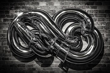 Wall Mural - A polished chrome sculpture resembling intertwined pipes, mounted on a brick wall.