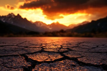 Poster - Cracked asphalt road at sunset with blurred mountains in the background.