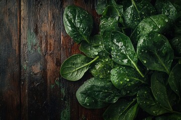 Wall Mural - freshly rinsed spinach leaves still with droplets of water, bunched together on a rustic wooden background