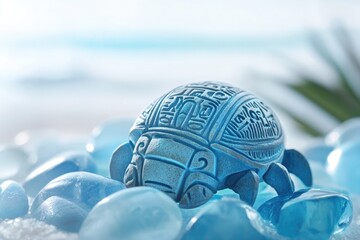 Wall Mural - Intricate blue turtle figurine rests on smooth, light blue glass stones, evoking serenity and peace.