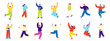 ©  Mercer - 人々のベクターイラストセット。歩いたり、飛び跳ねたり、走ったりする楽しい雰囲気のフラットデザインイラスト。