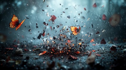 Aufkleber - Butterflies and fragments dancing in the air forest artistic photography ethereal close-up analyzing thoughts